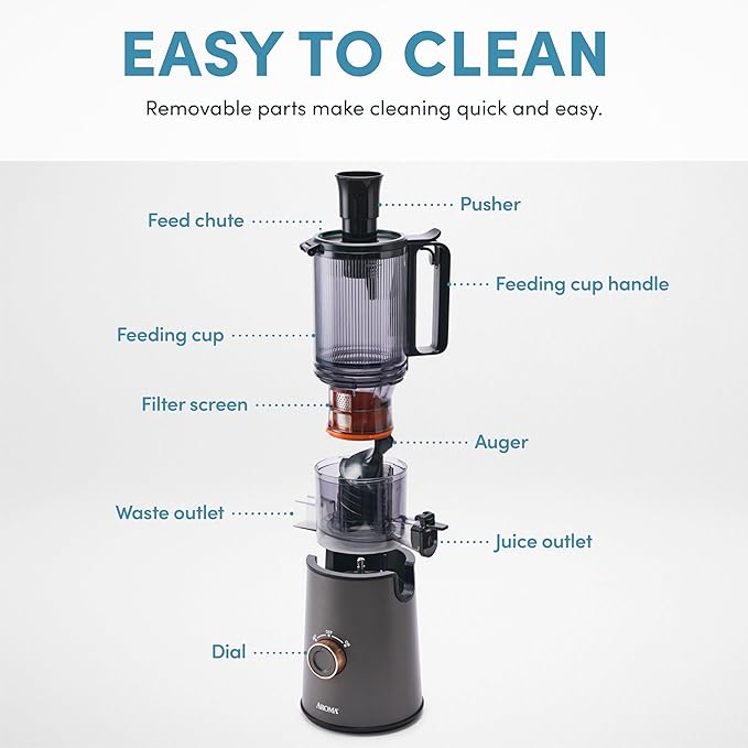 AROMA® Cold Press Juice Machine Slow Masticating Fruit and Vegetable Juicer for Home with Large 4-Inch Feeder and Double Pulp Filter