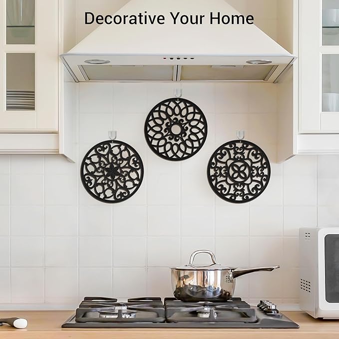 SMARTAKE 6 Set Silicone Trivet Mats, Multi-Use Intricately Carved Coasters, Insulated Non-Slip Durable Kitchen Mats, Flexible Modern Kitchen Table Mat, for Hot Dishes, Pots, Countertop (Black)