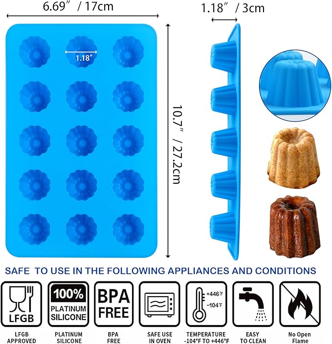 Sidosir 2Pcs Small Canele Mold Silicone, 15-Cavity Mini Nonstick Canele Silicone Baking Cake Pan for Bread Muffin, Non-Stick Madeline Pans for Baking