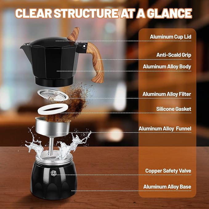 3 Cup Aluminum Espresso Stovetop Moka Pot Express Coffee Maker Percolator Italian Classic Mocha Coffee Machine for Italian and Cuban Cafe Brewing for Home & Camping 150ml 5oz