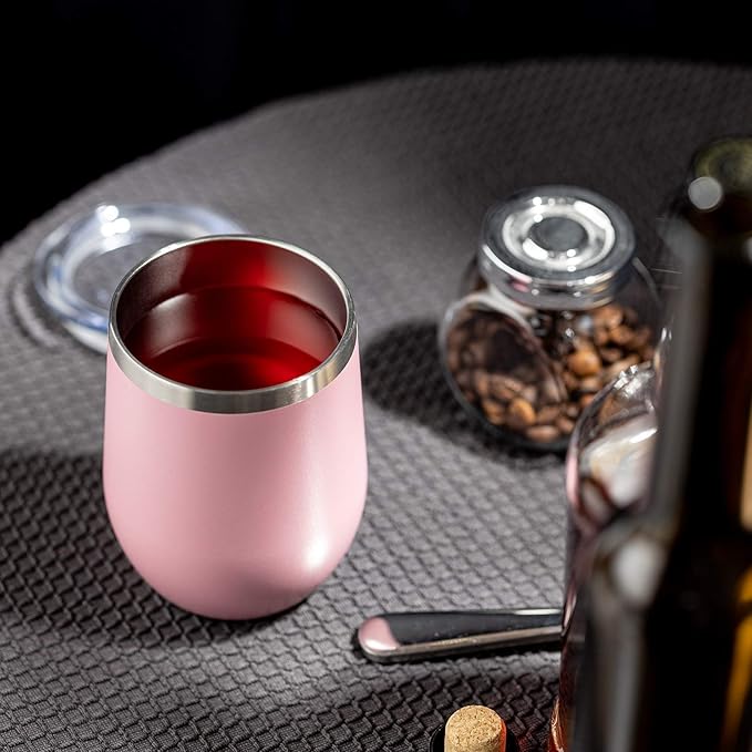 COMOOO Stainless Steel Wine Tumbler 4 Pack with Lid and Straw 12oz Double Wall Vacuum Insulated Travel Tumbler Cup Stemless for Hot and Cold Drinks,Coffee,Wine,Cocktails, Pink