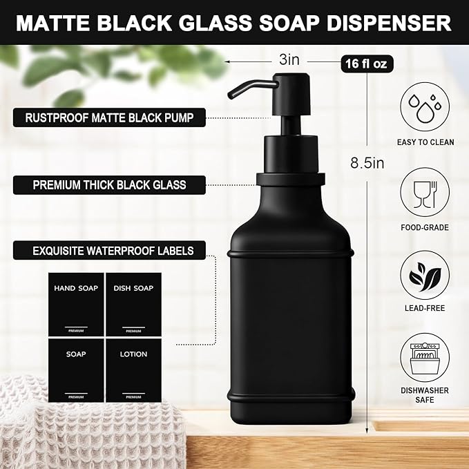 Modern Kitchen Soap Dispenser Set with Wood Tray, Black Glass Soap Dispenser with Pump, Decorative Hand and Dish Soap Dispenser Set, Soap and Lotion Dispenser Upgrade for Kitchen and Bathroom Decor