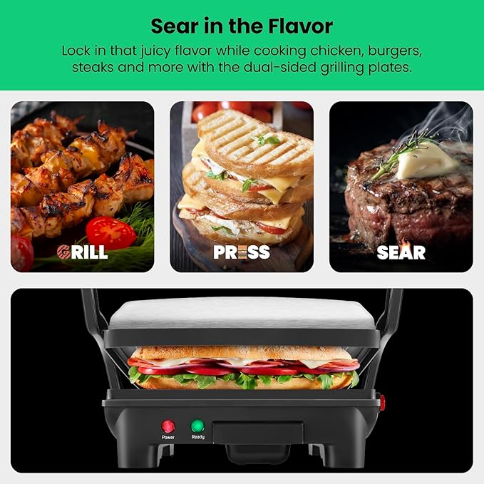 Chefman Panini Press Grill and Gourmet Sandwich Maker NonStick Coated Plates,Opens 180 Degrees to Fit Any Type or Size of Food,Stainless Steel Surface and Removable Drip Tray,4 Slice,Black,(Pack of 2)