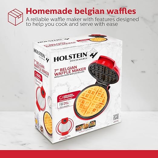 Holstein Housewares 7" Belgian Waffle Maker, Non-Stick Coating, Red/Stainless Steel, Delicious Waffles in Minutes for Everyday Meals. 7 Inch