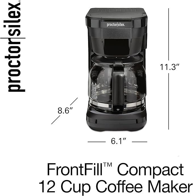 Proctor Silex FrontFill Drip Coffee Maker, 12 Cup Glass Carafe, Black and Silver (43680PS)