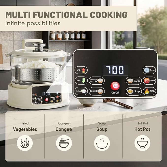 3L Low Carb Rice Cooker,Auto Lift Filter Basket for Low Sugar Rice, 6-Cup Stainless Steel Glass Rice Cooker with Steamer,for Rice, Soup, Oats,Digital Keep Warm (White)