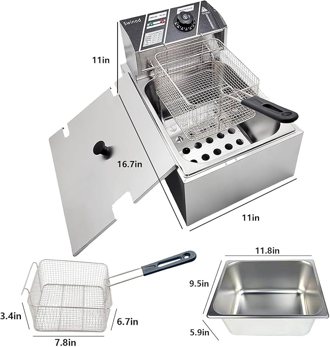 Commercial Deep Fryer with Baskets, 1700W 9.7QT/9.1L Thickened Stainless Steel Countertop Electric Oil Fryer, Large Capacity with Temperature Control (6L)