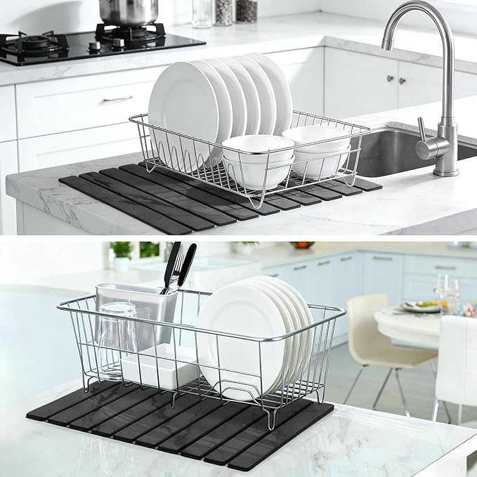Large Stone Dish Drying Mat for Kitchen Counter, Quick Dry Stone Dishes Mats, Foldable Water Absorbing Diatomaceous Drying Pad for Countertop Bottles Utensils Cups Bathroom (Dark Gray 24"x16")