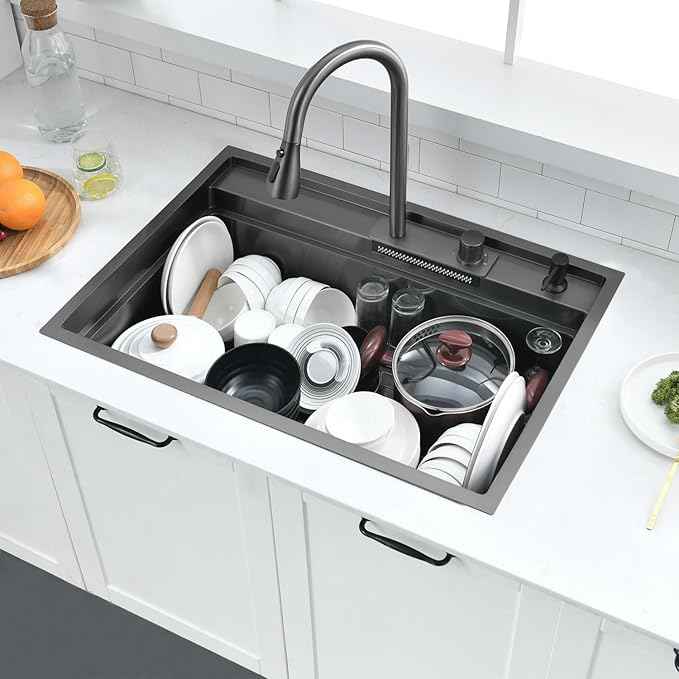 30 inch Black Drop in Kitchen Sink Workstation with Waterfall Faucet Combo -VOKIM 30x22 Drop in sink Workstation 16 Gauge Stainless Steel Single Bowl topmount Kitchen Sink with Waterfall Faucet