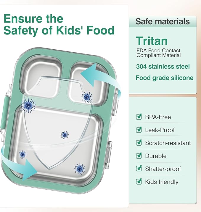 HOMEKOL Stainless Steel Bento Lunch Box, 3-Compartment Leak-Proof Lunch Container for Kids & Adults, BPA/BPS-Free 304 Metal Food Box, Dishwasher Safe, Clear Tritan Lid, Green (Not Insulated)