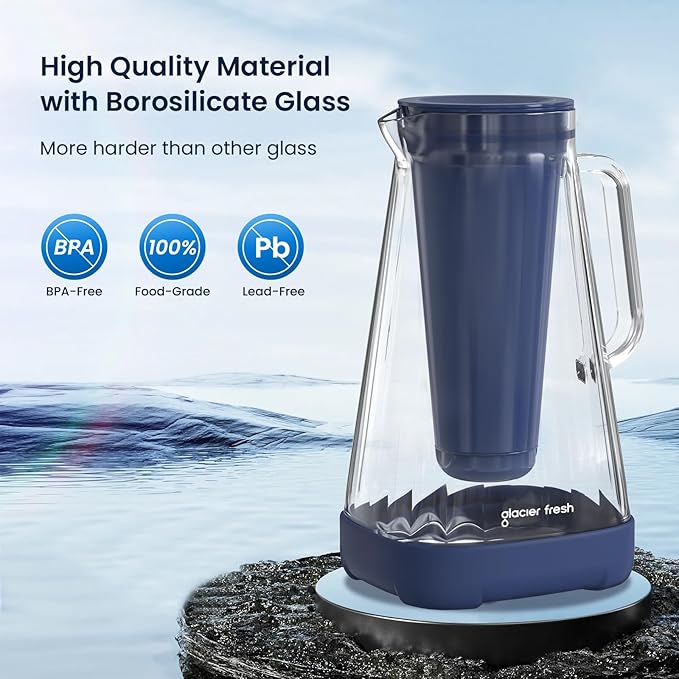 GLACIER FRESH 10 Cup Purela Glass Water Pitcher with 1 Ultrafiltration Membrane and Activated Carbon Filter, Reduces 99% Chlorine, PFOA&PFOS, Coliforms, Blue