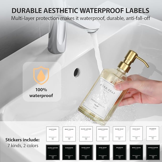 Dish Soap Dispenser for Kitchen, Glass Kitchen Soap Dispenser Set with Stainless Steel Pump, Modern Farmhouse Bathroom Decor & Accessories (Yellow Bottle/Gold Pump)