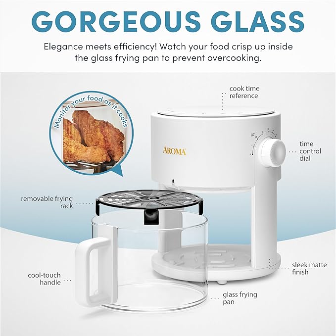 AROMA® Glass Air Fryer and Countertop Convection Oven with Powerful 360Crispy™ Technology (3 Quart), White