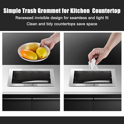 Embedded Countertop Trash Can, Stainless Steel Kitchen Trash Can, Built-in Countertop Trash and Waste Chute, Square Built-in Countertop Trash Can Grommet,Gray Set