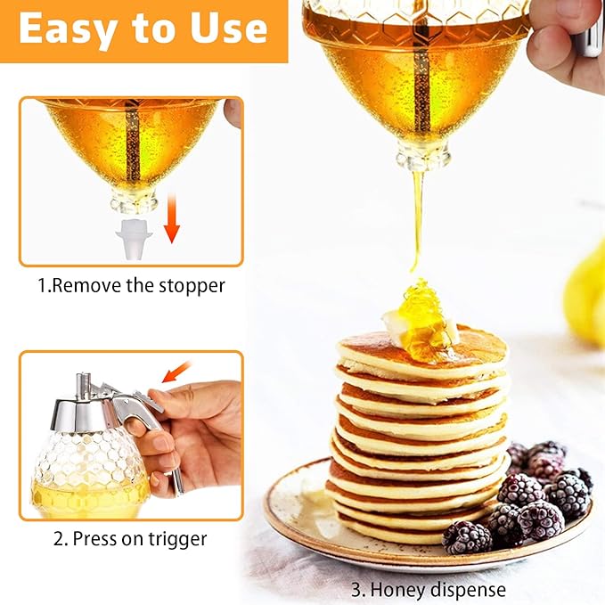 Honey Dispenser - Glass Honey Dispenser No Drip, 8oz Pot with Stand, Maple Syrup Container, Elegant Honeycomb Shaped Jar for Tea Time (general)