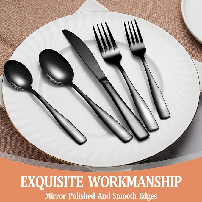 40 Pcs Black Silverware Set, Stainless Steel Flatware Set for 8, Food-Grade Cutlery Set, Mirror Polished Tableware Eating Utensils Set for Home Kitchen, Include Knife Fork Spoon Set, Dishwasher Safe
