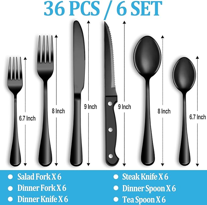 36 Pcs Black Silverware Set with Steak Knives, Stainless Steel Flatware Cutlery Set Service for 6, Kitchen Tableware Set, Utensil Set for Home and Restaurant, Knives Forks Spoon Set, Dishwasher Safe