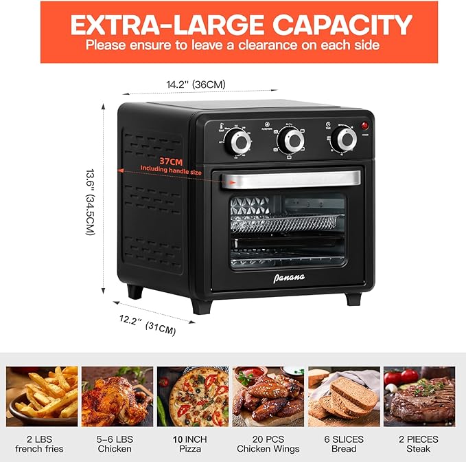 Panana Compact Airfryer Toaster Oven, 1400W 21QT with 6-in-1 Multifunctions and Wide Temperature Range, Air Fryer Oven with 60-Minute Timer/Auto-Off, Stainless Steel Countertop Oven (Black)