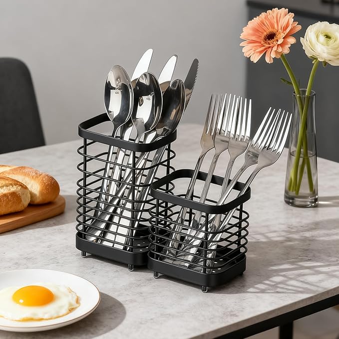 Utensil Holder, Stainless Steel Utensil Drying Rack for Kitchen Counter, Silverware Cutlery Flatware Holder Forks, Knives, Spoons, Chopsticks Organizer (Black)