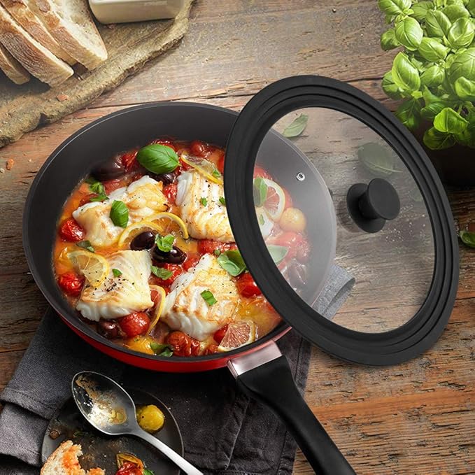 Universal Lid for Pots,Pans and Skillets - Tempered Glass with Heat Resistant Silicone Rim Fits 8", 8.5" and 9.5" Diameter Cookware,Black