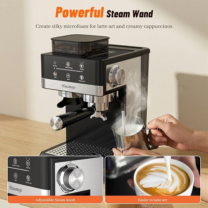 Espresso Machine with Grinder, 20Bar Expresso Coffee Machines with Milk Frother, Professional Compact Stainless Steel Coffee Maker for Espresso, Latte & Cappuccino, Perfect for Home Use