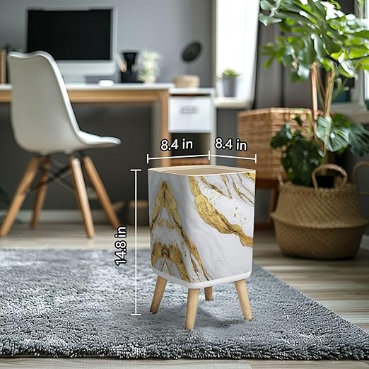 Small Trash Can with Lid Luxury White Gold Marble texture Panoramic Marbling texture for Wastebasket with Press Cover Dog Proof Garbage Can Waste Bin for Kitchen Bathroom Nursery 2.6 Gallon