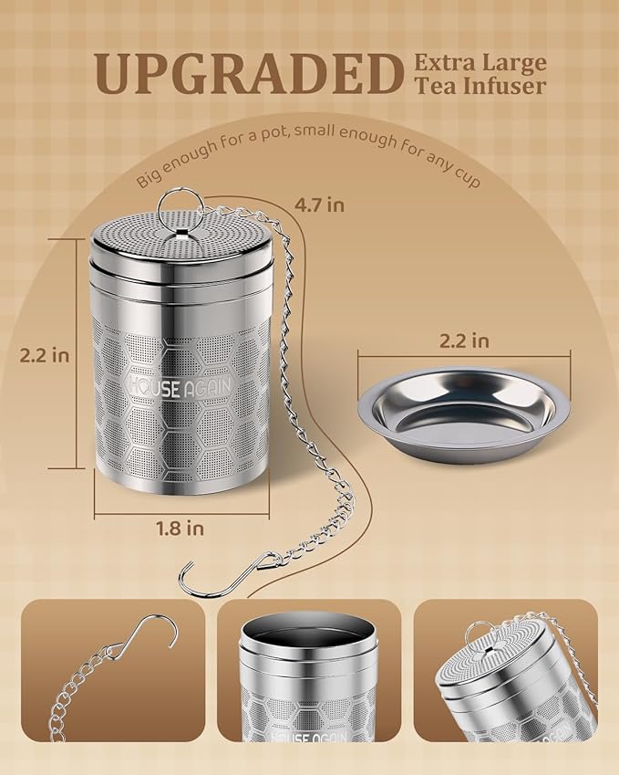 House Again 2 Pack Large Tea Infusers, Extra Fine Mesh Tea Strainers for Loose Tea, Slim Lid & 304 Stainless Steel, Filter Bags Diffusers, Loose Leaf Tea Steeper for Brew Tea Spices & Seasonings