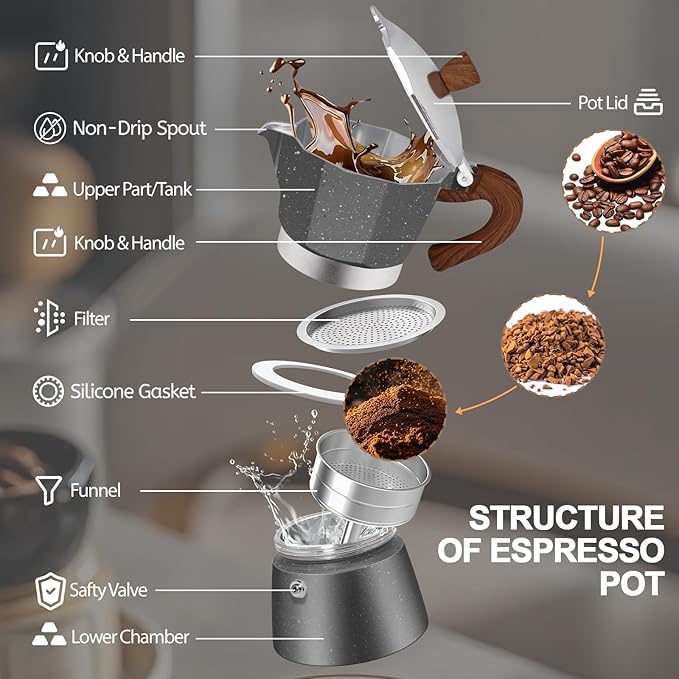 Aluminum 3 Cup 150ml Moka Pot Express Coffee Maker Stovetop Espresso Colorful Coffeemaker Italian Classic Style Brewing Greca Cafe Mocha Machine for Cafeteras Lover Camping Travel and Home Use 5oz