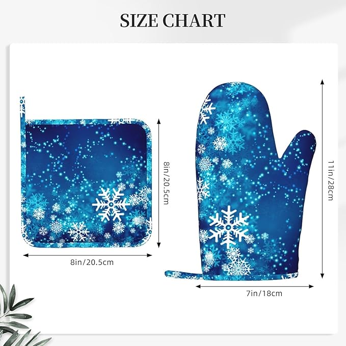 Oven Mitts and Pot Holders Blue Snowflake Winter Christmas Silicone Kitchen Accessories Set of 4 Heat Resistant Long Gloves Potholder Non-Slip Grip for Chef Cooking Baking Grilling BBQ
