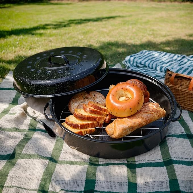 Oval Roasting Pan with Lid and Rack 18" Large Roaster Pan Set Comes With Lron Rack Enamel Cook Ware Dishwasher Compatibility Granite Oven Roaster