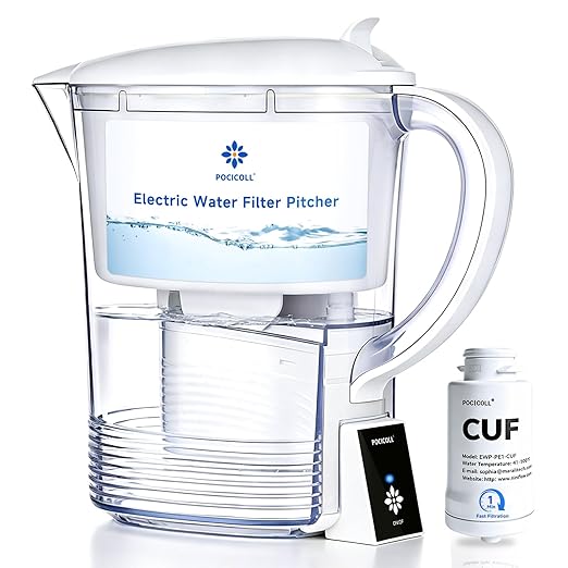 Electric Water Filter Pitcher for Tap and Drinking Water,Long-Life Filter，Removes 99% Lead, BPA-Free, Fits Fridge, for Tap Water Purification (White)