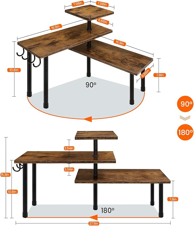Homode Kitchen Countertop Organizer - 3 Tier Corner Shelf, Bathroom Counter Organizer, Spice Rack, Coffee Bar, Over Sink, Rustic Brown