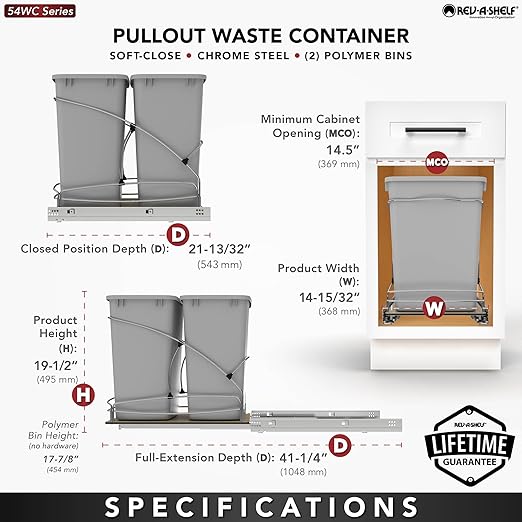 Rev-A-Shelf Steel Bottom Mount Double 35 Quart 8.75 Gallon Waste Bin Trash Container for Under Kitchen Cabinet with Soft Close, Gray, 54WC-1835SC-17-1