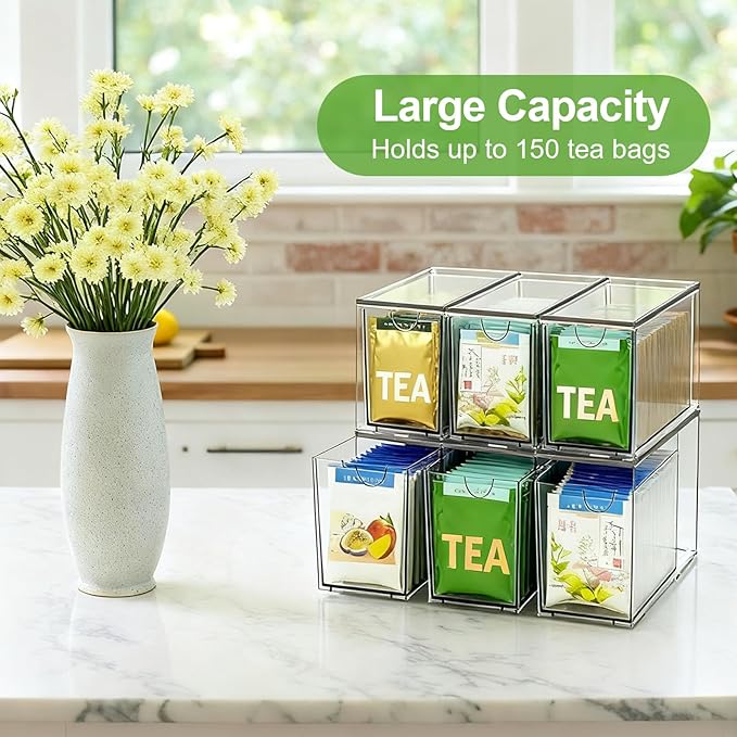 6 Pack Stackable Tea Bag Organizer Drawers – Clear Acrylic Tea Bag Holder for Cabinet, Drawer, Pantry, Countertop – Kitchen Tea Storage Container