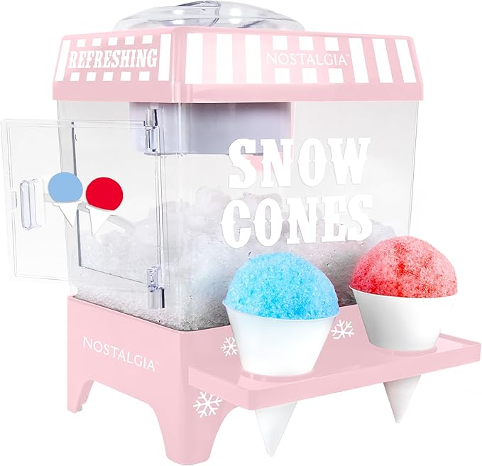 Nostalgia Snow Cone Shaved Ice Machine - Retro Table-Top Slushie Machine Makes 20 Icy Treats - Includes 2 Reusable Plastic Cups & Ice Scoop - Pink