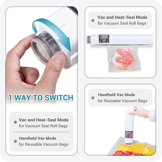 Compact Vacuum Sealer for Food, Magnetic Back, 60kPa Powerful Handheld Vacuum Sealer with 20 Reusable Bags & 1 Vacuum Roll Bags
