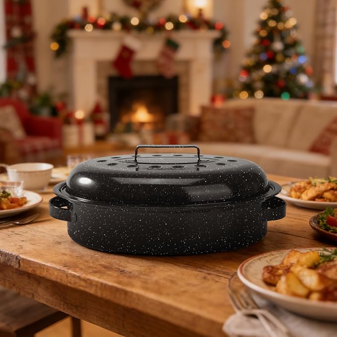 15.4" Roasting Pans for Ovens Porcelain Enameled Steel Oval Roaster Pan with Domed Lid for Turkey, Chicken, Vegetable, Lamb, Sourdough Bread
