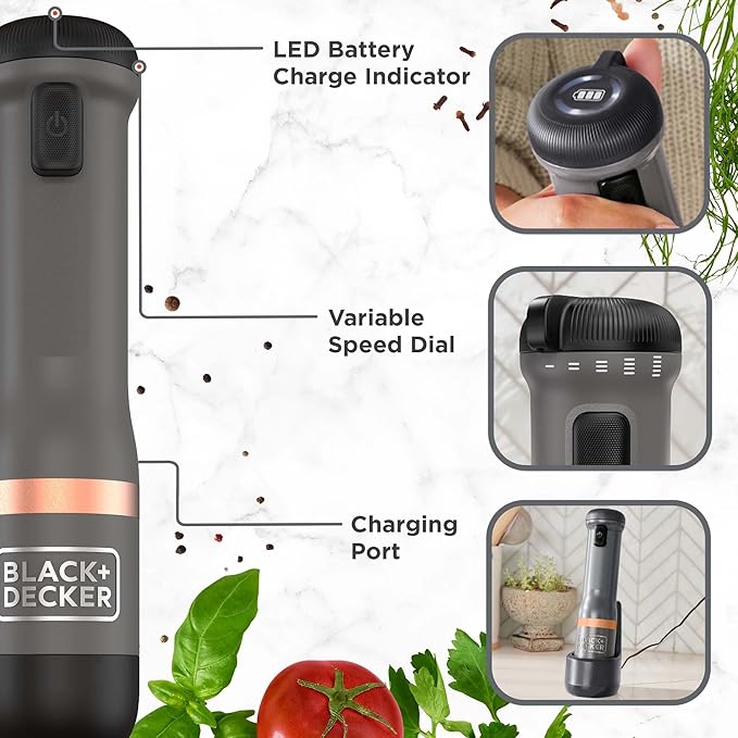 BLACK+DECKER Kitchen Wand Cordless Immersion Blender, 3 in 1 Multi Tool Set, Hand Blender with Charging Dock, Whisk, and Chopper, Grey (BCKM1013K01)