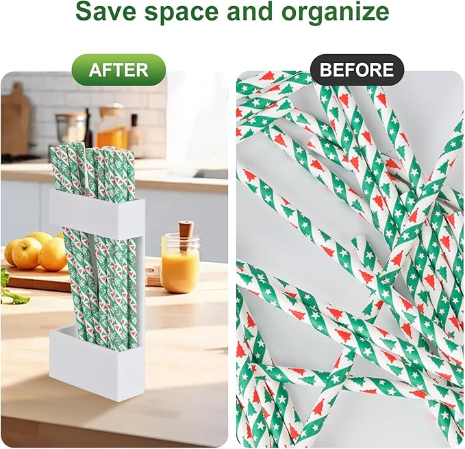 2 PACK Acrylic Straw Holder for Cabinet Doors, Reusable Straw Organizer with Ultra-Sticky Adhesive, Small Kitchen Accessories Container, Fits Both Short & Long Straws (White)