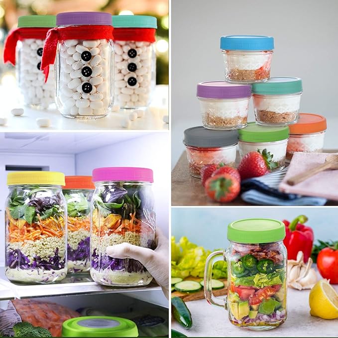 AOZITA [16 Pack] Colored Plastic Mason Jar Lids Fits Ball, Kerr & More - 8 Wide Mouth & 8 Regular Mouth - Storage Caps for Canning Jars, Dishwasher Safe & Food Grade & Leakproof