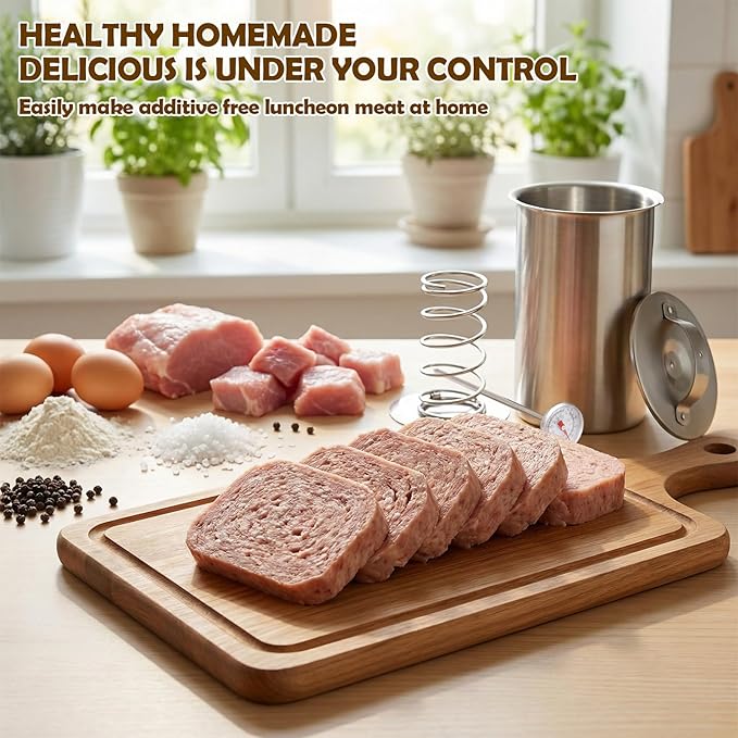 Stainless Steel Meat Press with Thermometer, Ham Maker Cooker for Cold Cut, Spring Mechanism Meat Press Mold for Homemade Ham, Healthy Home Cooking Tool (Silver 2)