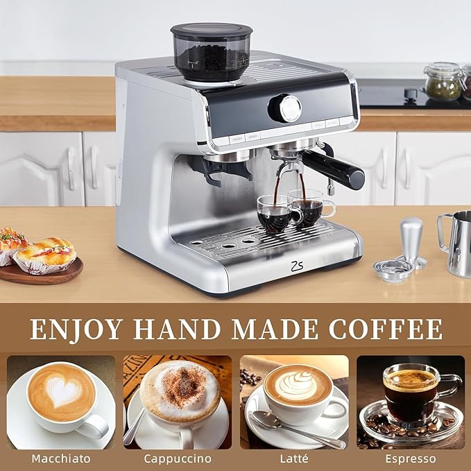 GarveeHome Espresso Machine With Grinder, 20 Bar Semi-Automatic Espresso Coffee Maker With Milk Frother Steamer Wand Cappuccino Latte Macchiato, 95 oz Water Tank, Pid Temperature Control-Silver2