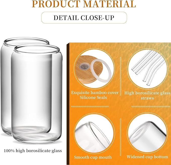 Glass Cups with Lids and Straws 6 pcs, 16 oz-DWTS Cute Tumbler,Beer Drinking Glasses,Clear for Iced Coffee, Tea with Bamboo Lids for Gifts