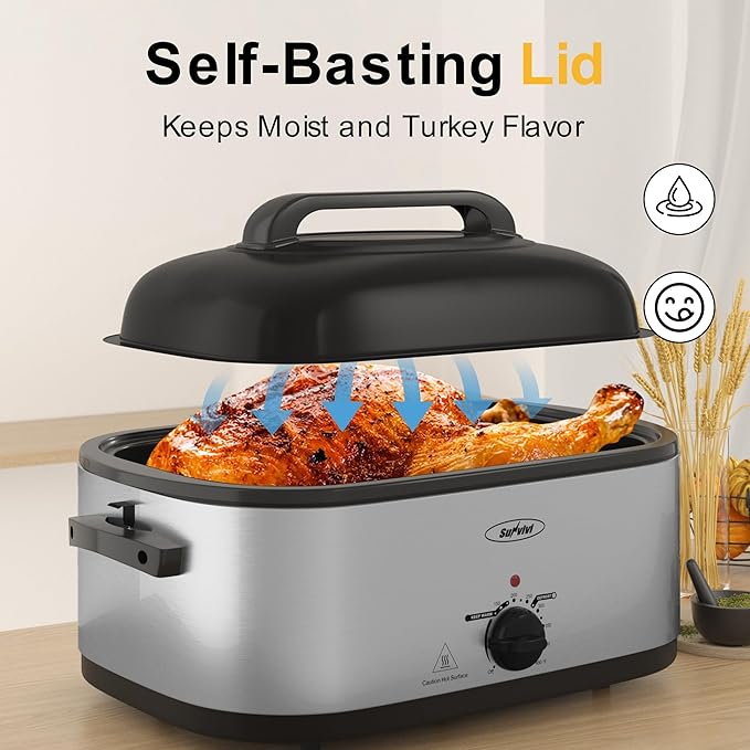 RoyalCraft 24-Quart Electric Roaster Oven with Visible Self-Basting Lid, Turkey Roaster Oven with Removable Pan and Rack, Perfect for Large Meals and Holiday Feasts, Silver