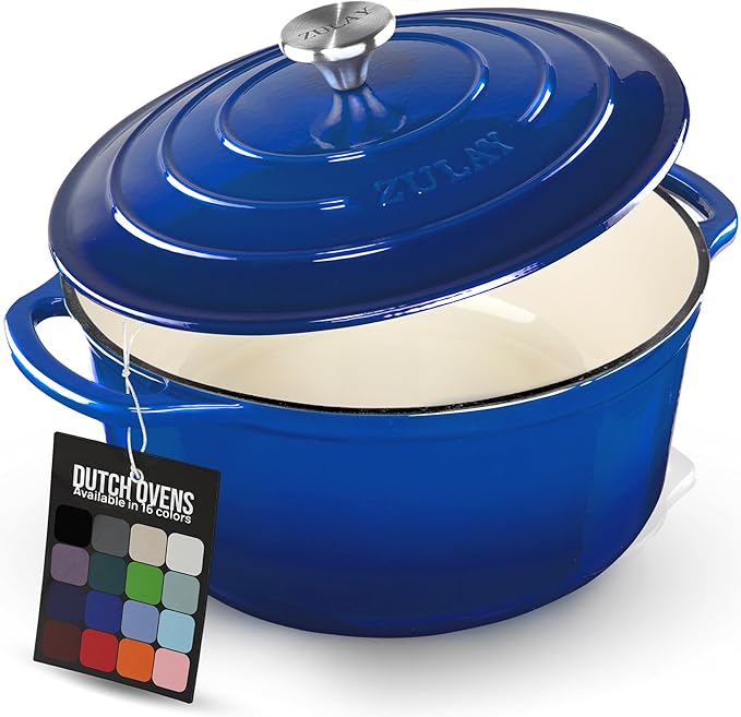 Zulay Kitchen 6 Quart Enameled Cast Iron Dutch Oven Pot with Lid – Premium Durability & Oven Safe up to 500°F – Heavy Duty Cookware Perfect for Bread Baking, Stews, Braising & Roasting - Blue