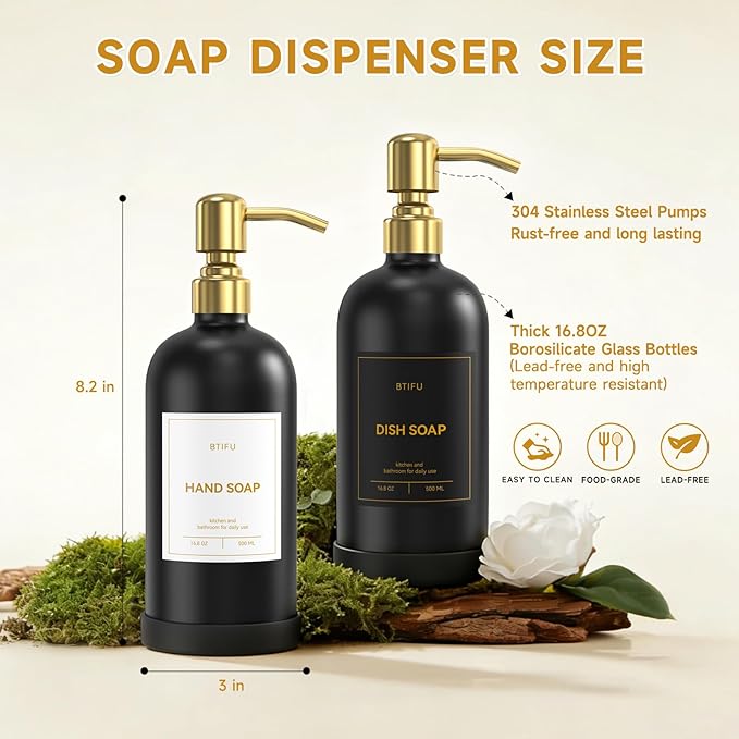 Kitchen Soap Dispenser Set – 16.8oz/500ml Glass Hand and Dish Soap Dispenser with Stainless Steel Pumps & Non-Slip Silicone Base, Luxury Countertop Decor for Home, Airbnb, Hotel (Black & Gold)