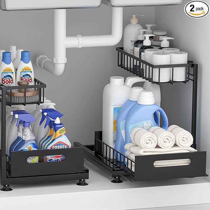 Saydear Under Sink Organizer Storage 2-Tier Premium Metal Pull-Out Kitchen Cabinet Organizer with Sliding Drawer, Height Adjustable, Heavy Duty for Kitchen & Bathroom Organizers 2 Pack Black