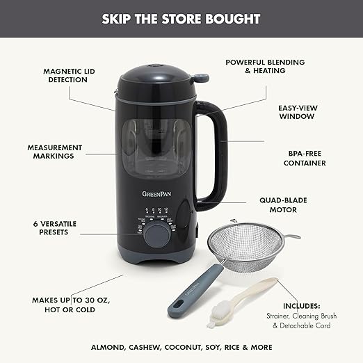 GreenPan Nut Milk Maker, 15-in-1 Homemade Soy, Almond, Oat, Coconut, Non-Dairy, Rice, Soup, Baby Food, BPA-Free, Smooth Creamy Texture, Self Clean, Barista Quality Milk, Delay Start, Boil Water, Gray