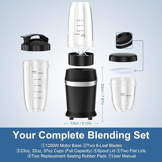 Colarlemo 12-Piece Smoothie Blender Maker 25,000 RPM Personal Blender for Ice Crushing Smoothies & Frozen Drinks Nuts with 23oz, 32oz, 37oz Portable Cups Two 6-Leaf Stainless Steel Blades, Sand Black