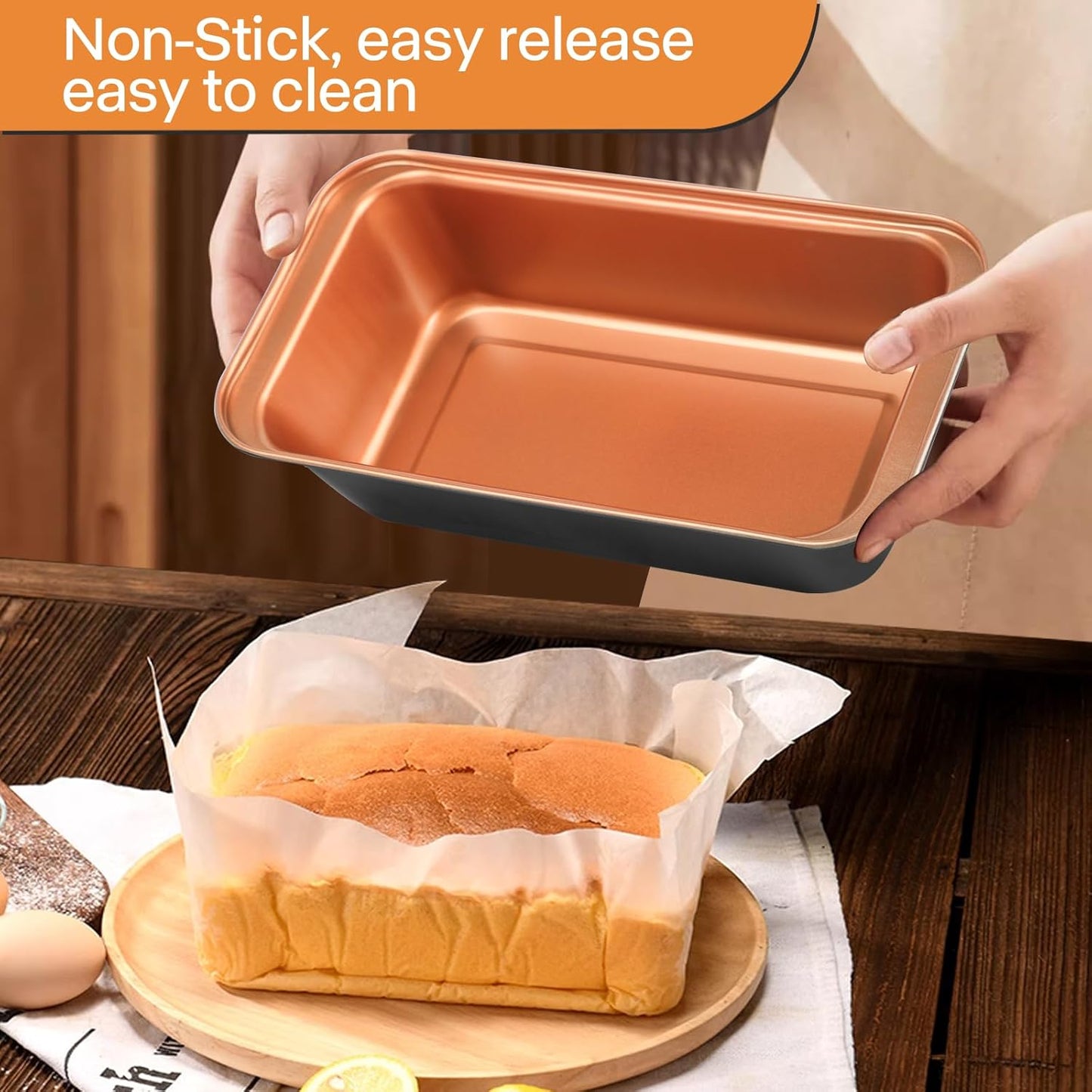Baking Pans Set 6-Pieces, Non Stick Bakeware Set Stackable, with Cookie Sheet, Muffin, Round/Square Cake Pan, Loaf Pan, Rack, Oven Mitt for Home Baker, Gold